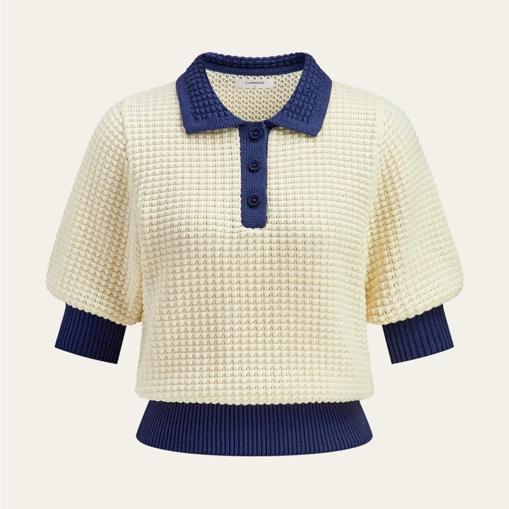 Commense Cream Cropped Knit Polo with Navy Trim